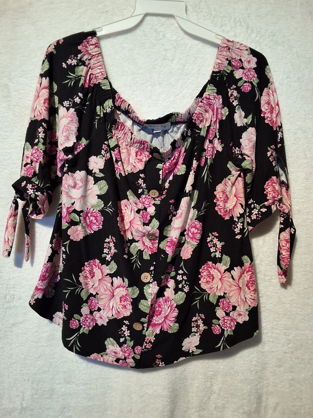 Floral Tie-Sleeve Blouse in Pink on Black
